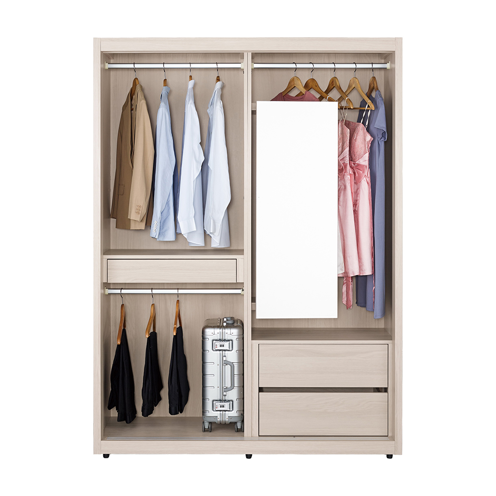 珊卓4.9尺長虹玻璃衣櫃推/拉門衣櫃(三吊桿+三抽+穿衣鏡)