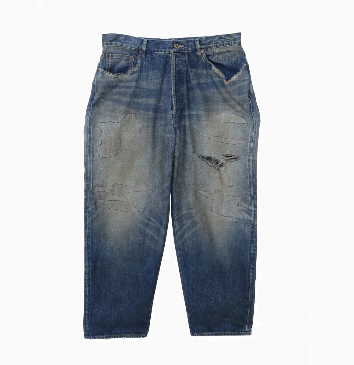 9/26 RE-STOCK: MADNESS HARD AGING DENIM PANTS. WIDE COMFY (DAMAGED AND REPAIRED FINISH) *MADE IN JAPAN - PRE ORDER ITEM (預訂中)