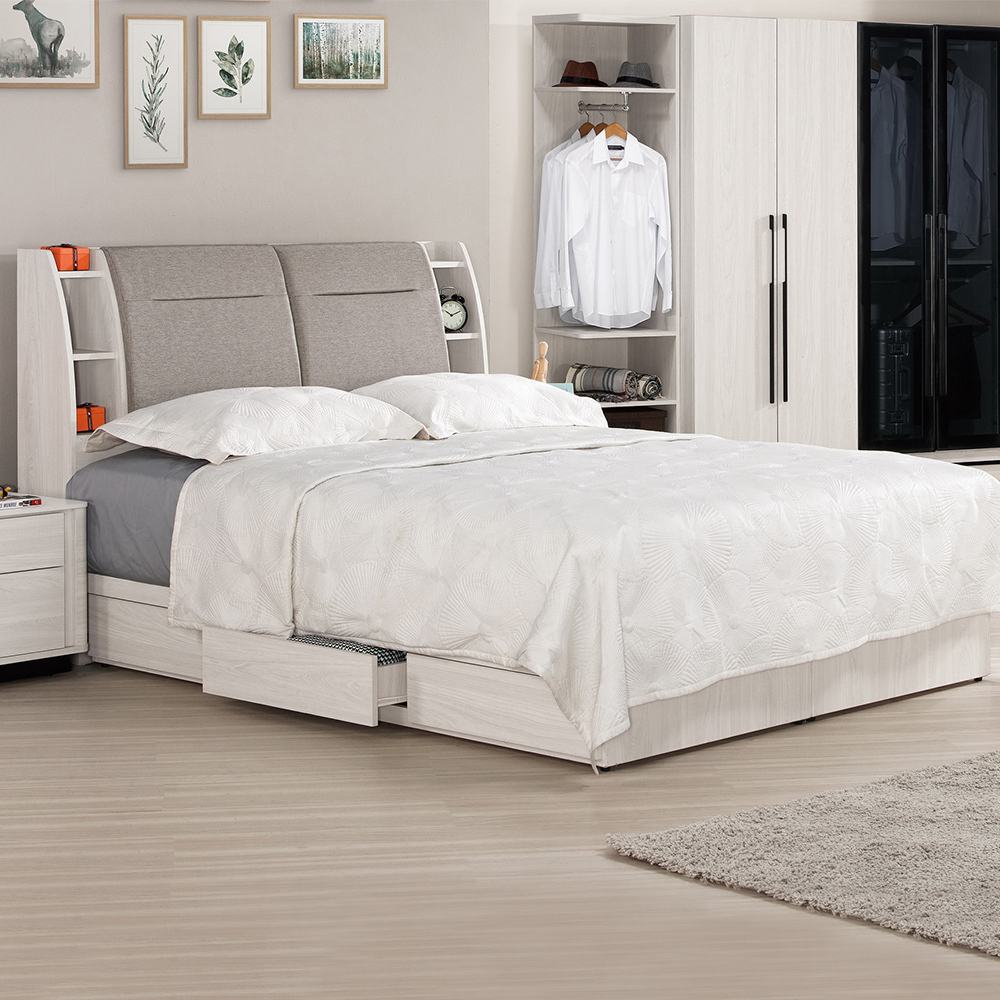 奧菲5尺雙人收納抽屜床組(附插座床頭箱+單邊三抽床底-不含床墊)