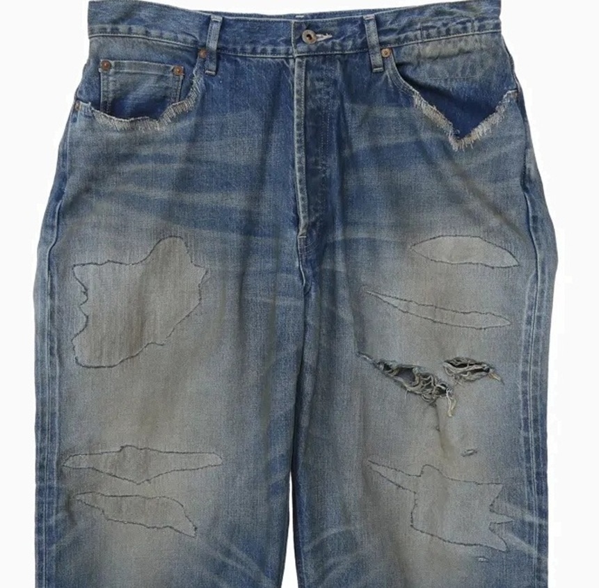 ON SALE: MADNESS HARD AGING DENIM PANTS. WIDE COMFY (DAMAGED AND REPAIRED FINISH) *MADE IN JAPAN - PRE ORDER ITEM (預訂中)
