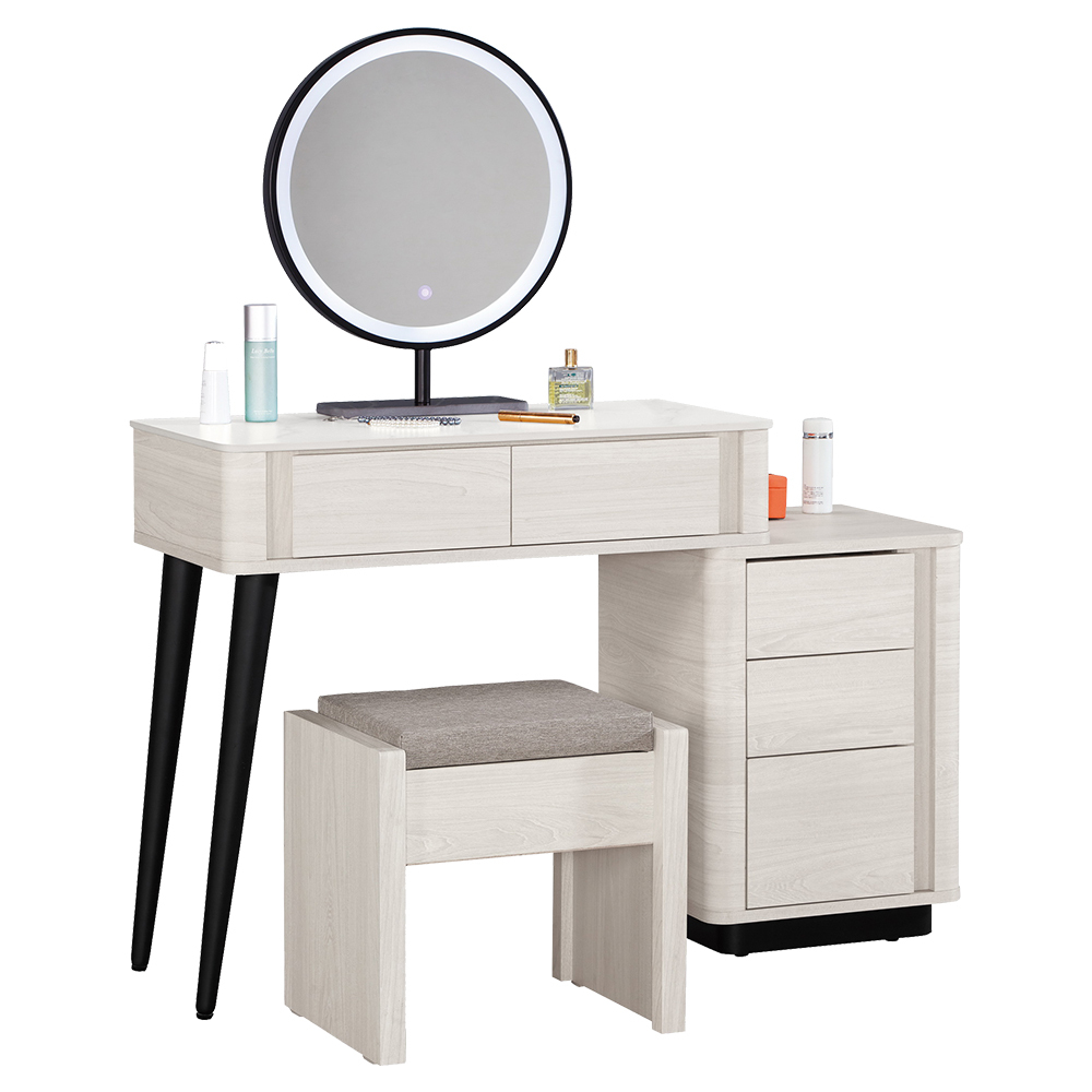 奧菲3.7尺多功能伸縮岩板化妝桌/鏡台/梳妝台(附LED觸控式化妝鏡+收納化妝椅-寬80~110公分)