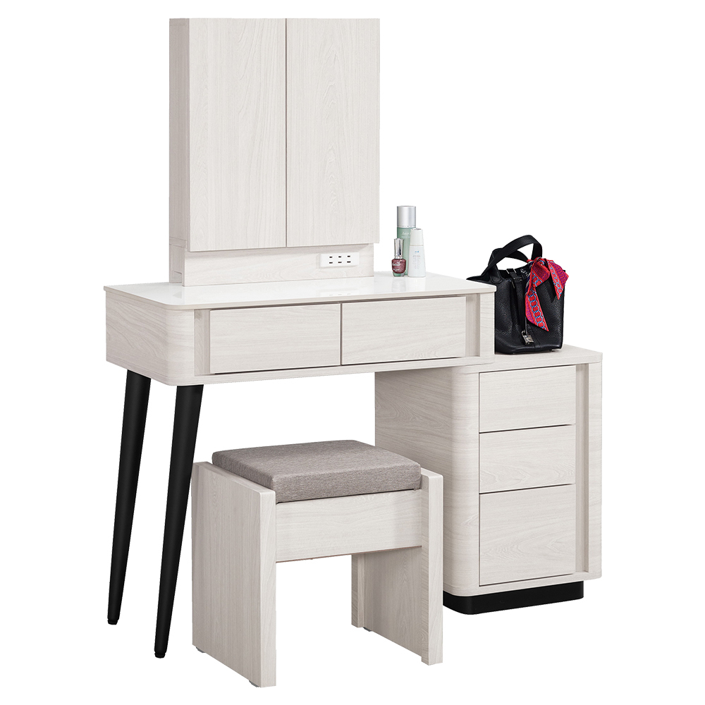 奧菲2.7尺岩板伸縮化妝桌/開門式鏡台/梳妝台(附插座+收納化妝椅-寬80~110公分)