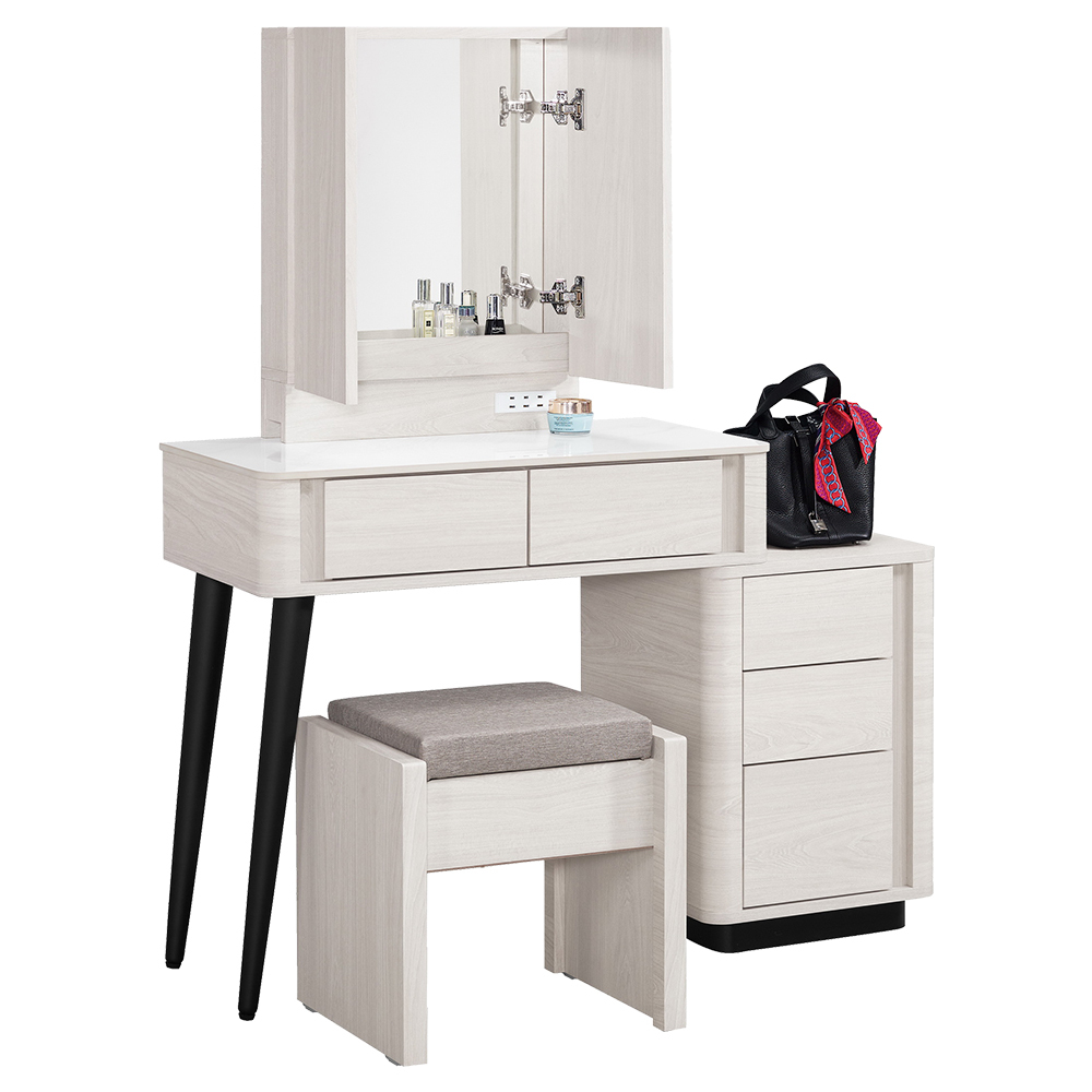 奧菲2.7尺岩板伸縮化妝桌/開門式鏡台/梳妝台(附插座+收納化妝椅-寬80~110公分)