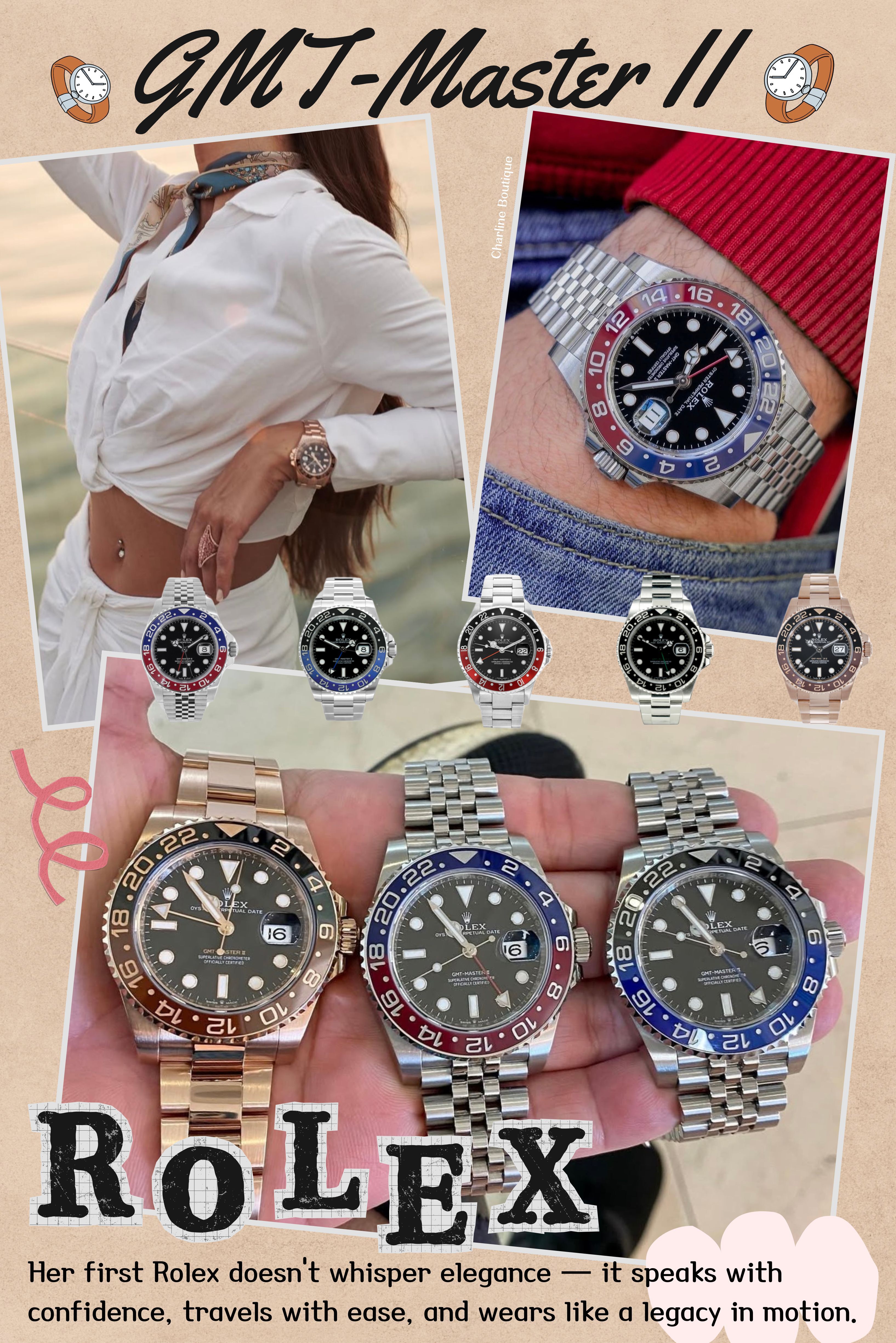 GMT-Master II 是什麼？是車？還是飛機？ 對很多女生來說，根本搞不清楚型號！GMT-Master II 聽起來像什麼飛行器型號，實際上卻是勞力士裡詢問度超高、也最容易被誤解的系列之一。 最初設計給長途飛行的機師用來掌握兩地時間，但今天，它早就不只是工具錶，而是一種生活姿態——尤其對第一次考慮入手 Rolex 的女生來說，它的意義絕對不只是「能看兩個時區」這麼簡單。 我們見過太多職場女強人、自媒體主理人、品牌老闆娘選擇它，因為它是一種「生活很忙，但我有我自己的節奏與審美」的代表作。