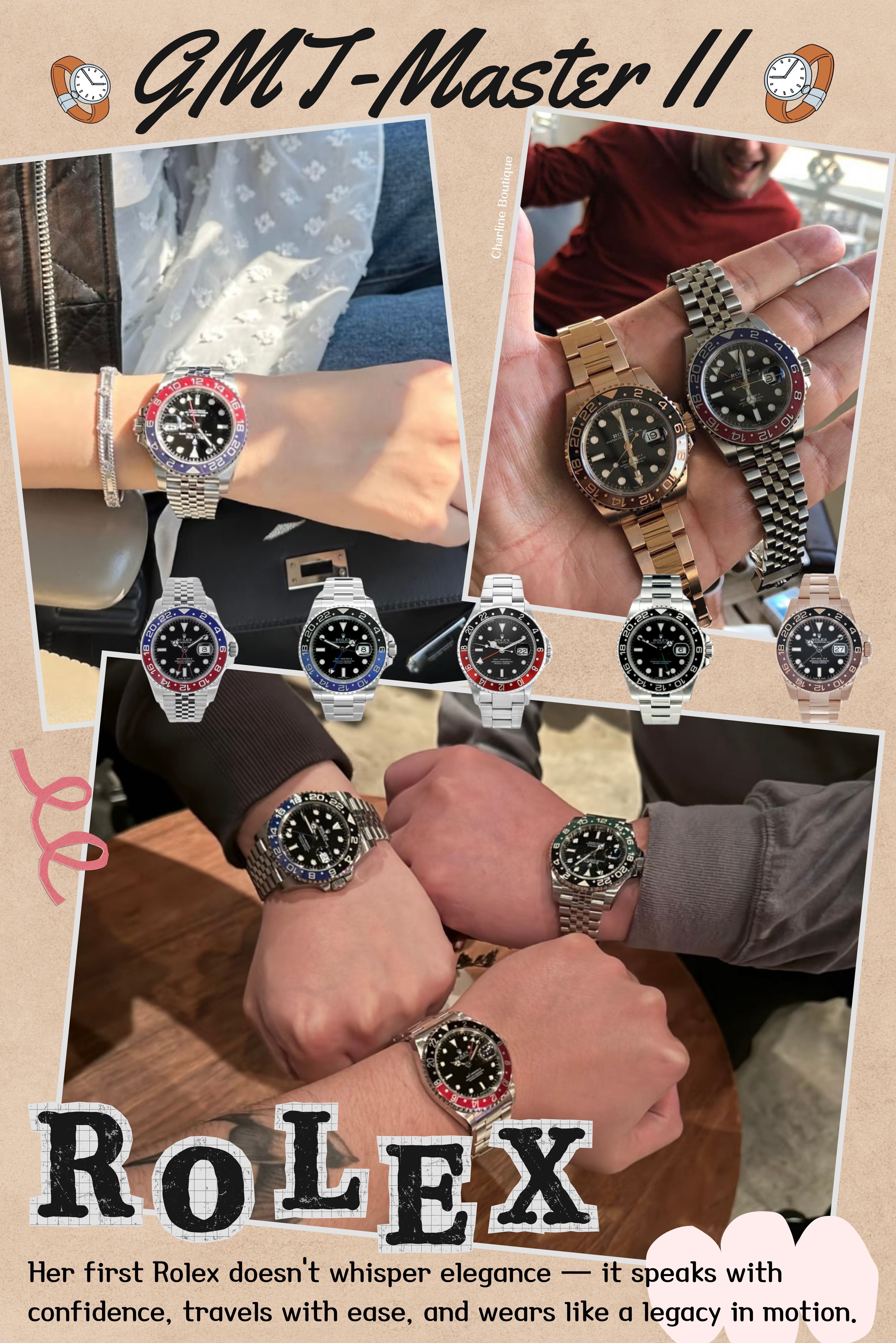 為什麼勞力士 GMT 值得投資？懶人包規格一次看懂 * 型號代表：GMT-Master II 為 Rolex 飛行系列代表，從 1955 年發展至今。 * 機芯：搭載勞力士 3285 自製自動上鍊機芯，穩定、耐用。 * 功能：雙時區顯示，搭配 24 小時指針與旋轉錶圈設計。 * 材質：採高硬度 Cerachrom 陶瓷圈與藍寶石水晶鏡面。 * 防水：100 公尺生活防水，適合日常與旅遊配戴。 這些規格不只讓 GMT 實用，也是讓它在 Rolex 系列中具有高度保值力的關鍵。  可樂圈、蝙蝠俠、沙士圈？其實是不同人生狀態的選擇 她的選擇不是「誰最熱門」，而是「誰像我」。 GMT-Master II 的世界裡，配色不只是顏色，是個性，是狀態，是此刻妳想對世界說的話。 在我們的客服諮詢裡，勞力士 GMT 可樂圈、蝙蝠俠、沙士圈是最多女生詢問的三款，幾乎每一位來自不同行業與生活階段的女客人，都會在這三者之間徘徊。
