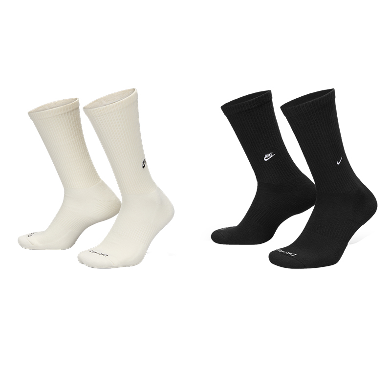 NIKE EVERYDAY CUSHIONED CREW SOCKS 米白 黑 刺繡小標 中筒襪 長襪 兩入組【FZ3073】