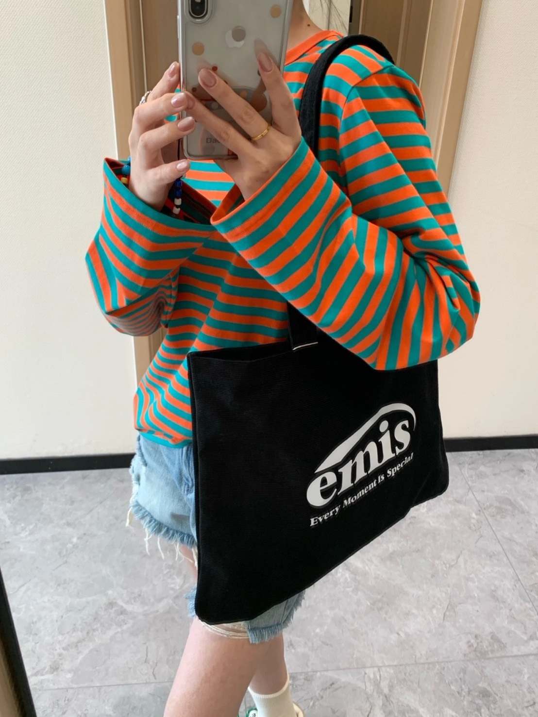 韓國EMIS 經典字母 帆布袋 托特包 黑色