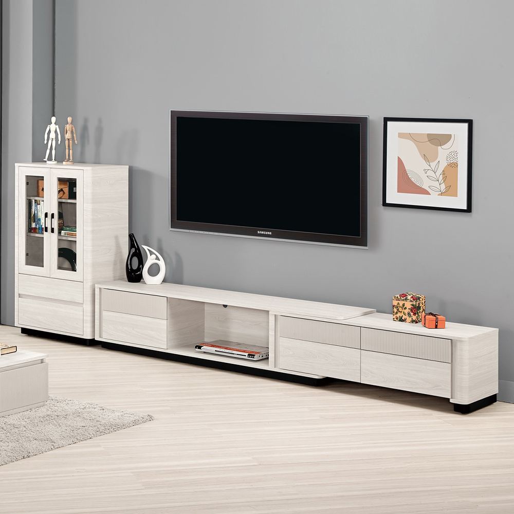 奧菲8.3尺L型電視櫃組合(2.3尺玻璃門展示櫃+6尺伸縮長櫃-寬250~337公分)