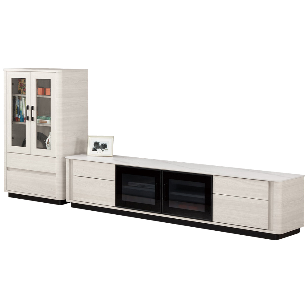 奧菲9尺L型岩板電視櫃組合(2.3尺玻璃門展示櫃+6.7尺岩板長櫃)