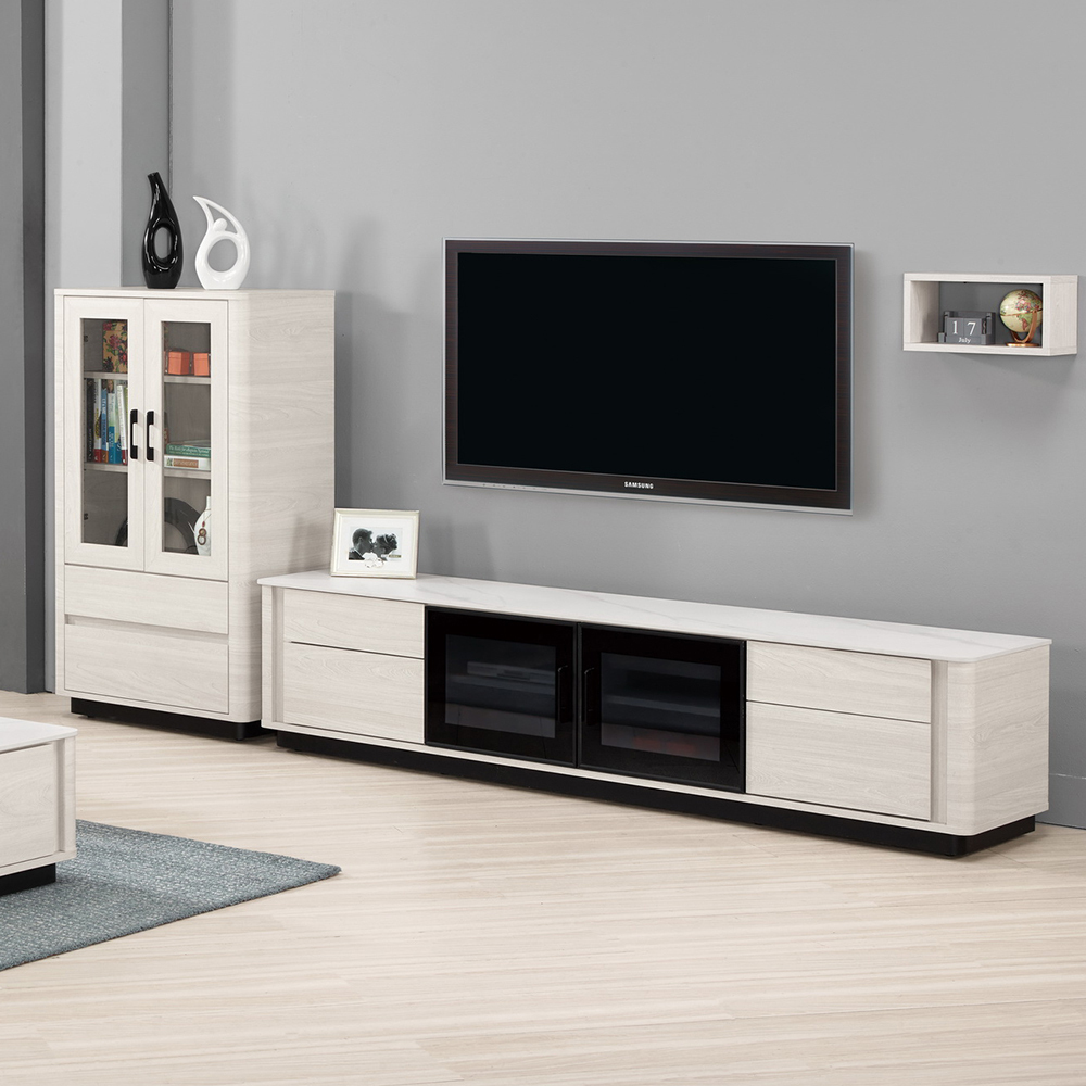 奧菲9尺L型岩板電視櫃組合(2.3尺玻璃門展示櫃+6.7尺岩板長櫃)