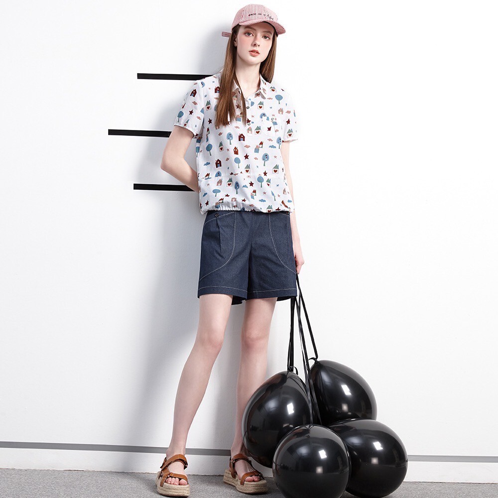 OL時尚休閒韓版田園印花口袋造型修身上衣W6081