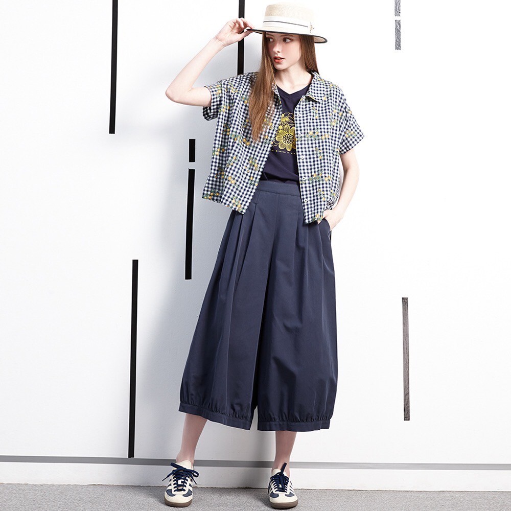 日本質感棉田園風時尚打摺修身闊腿褲裙W6091