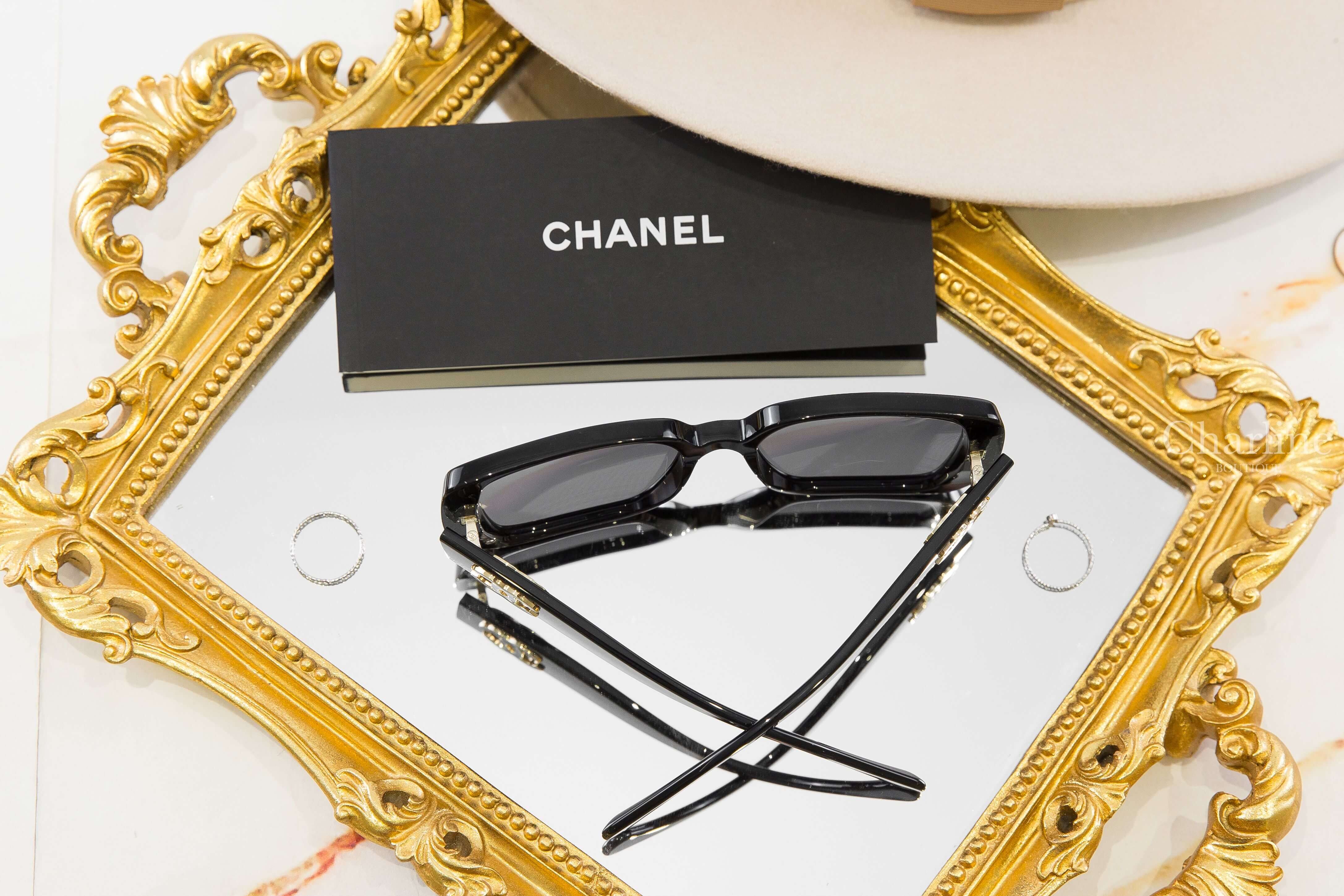 Chanel Square Sunglasses 黑色方框黑色鏡片側邊金色線條滾邊CC太陽眼鏡-Charline Boutique 精品代購