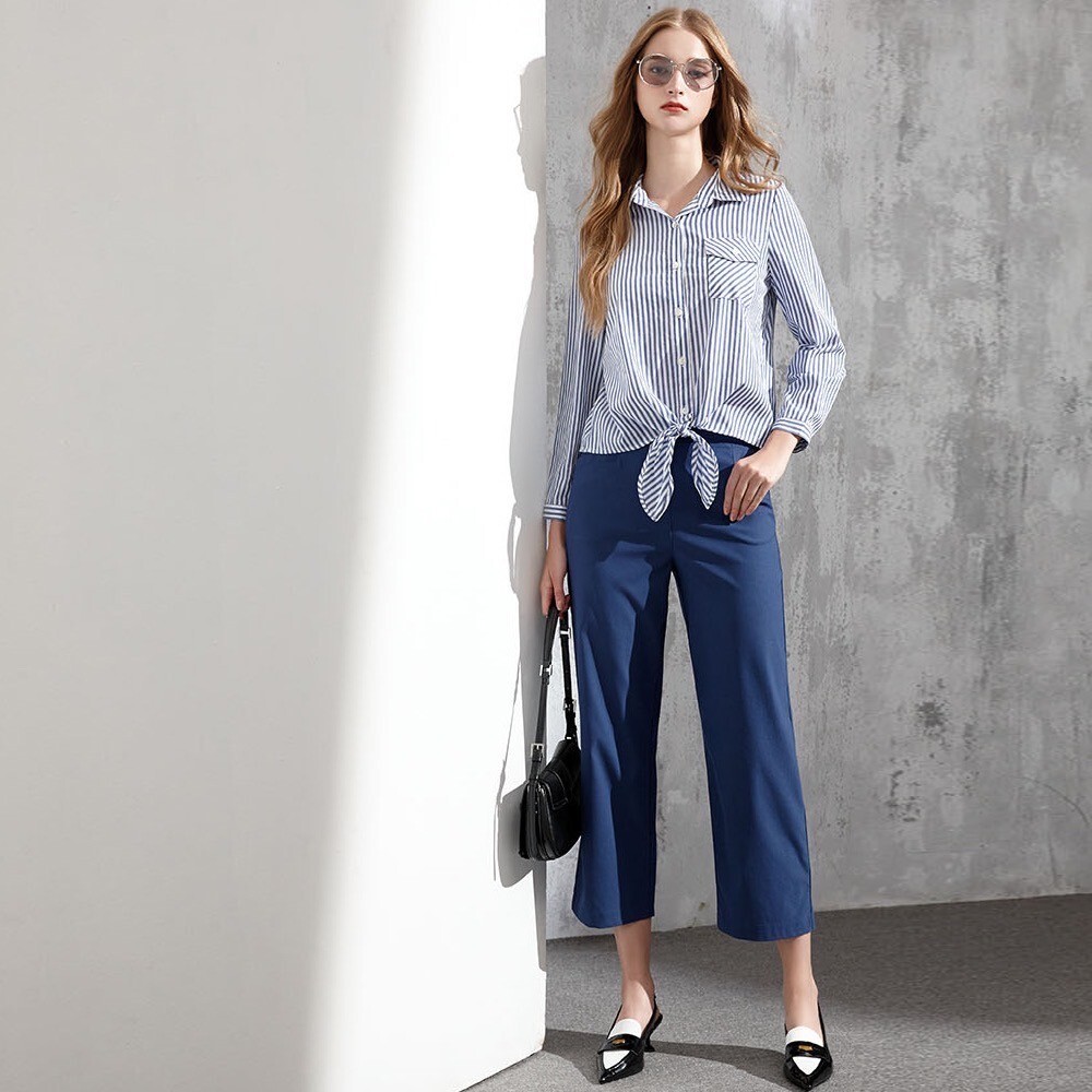 經典海軍風白水藍條襯衫綁結造型設計修身上衣U6076