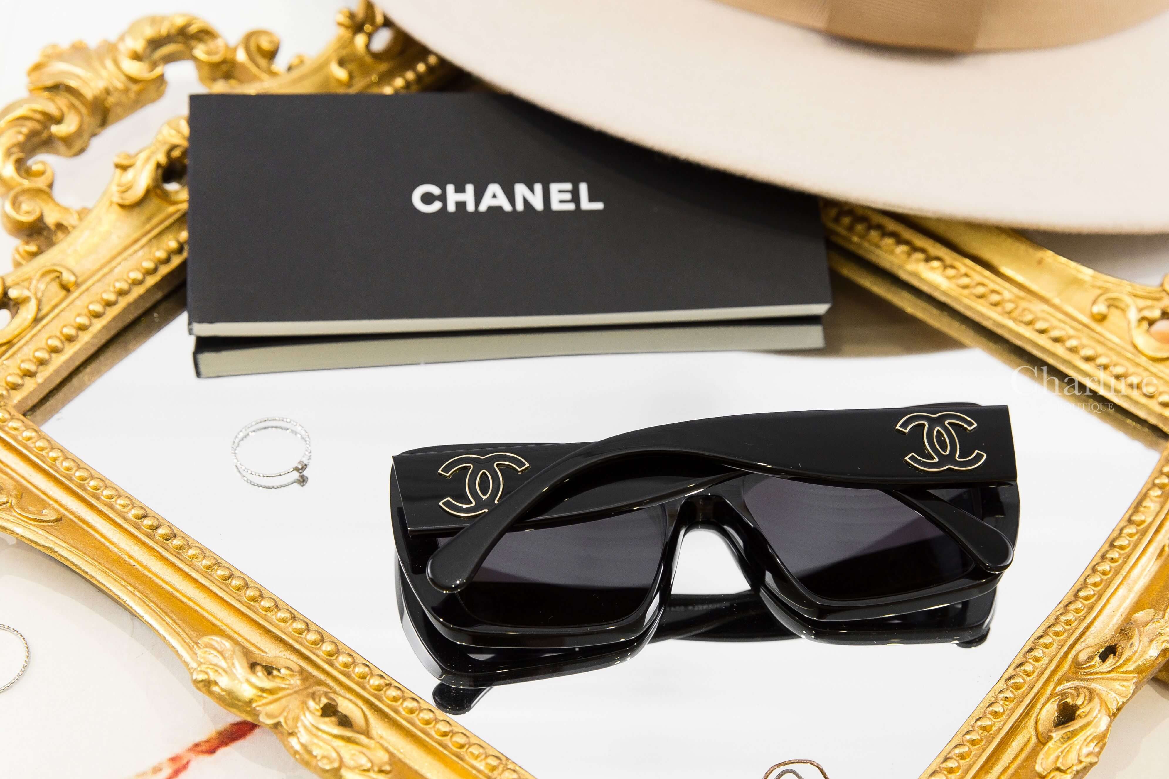 Chanel Square Sunglasses 黑色方框黑色鏡片側邊金色線條滾邊CC太陽眼鏡-Charline Boutique 精品代購