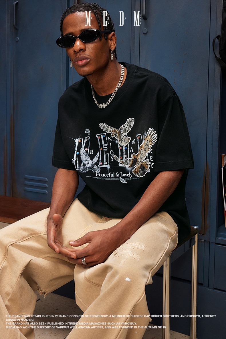 MEDM 火燒蕾絲 和平鴿 彩鑽 短袖 T