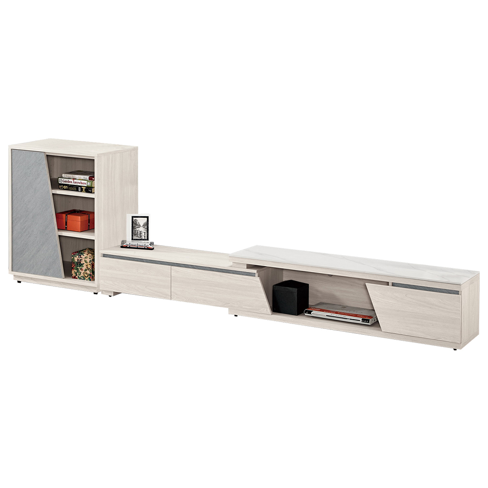 柏倫7.9尺L型岩板電視櫃組合(2尺展示櫃+5.9尺三抽伸縮長櫃-寬238~318公分)