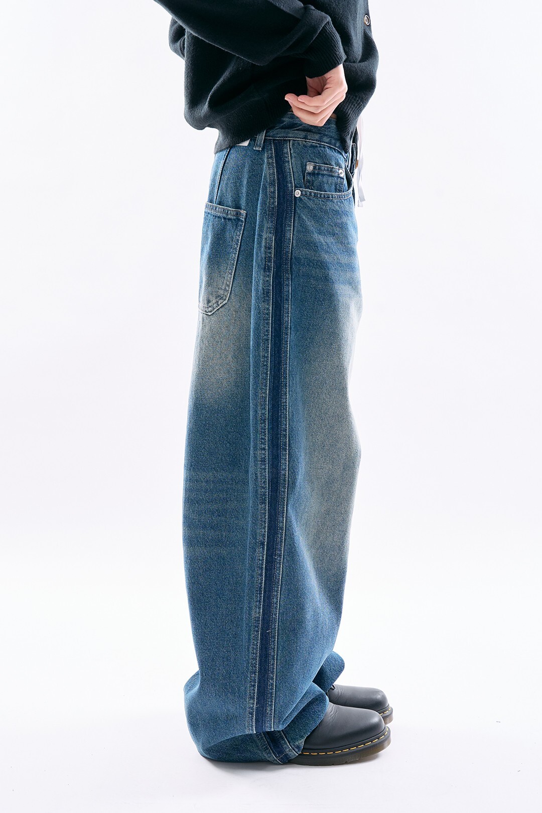 Raucohouse 日常 慵懶 立體 側邊條 水洗 牛仔褲