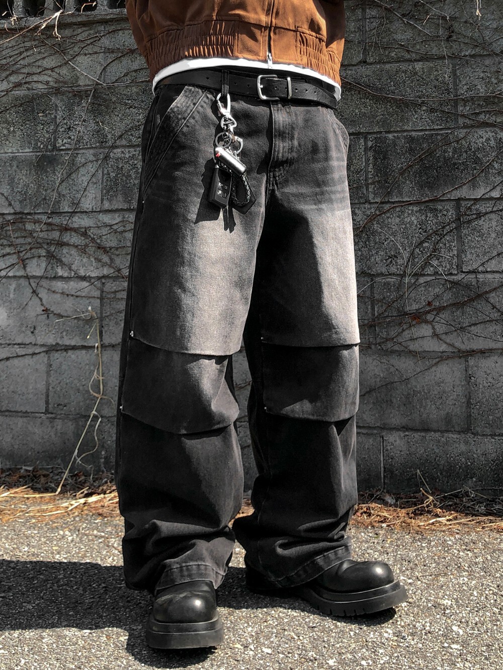 韓國 頂流 鉚釘 雙摺 傘兵 牛仔褲