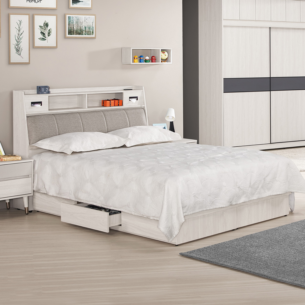 柏倫6尺雙人加大收納抽屜床組(附插座床頭箱+單邊三抽床底-不含床墊)