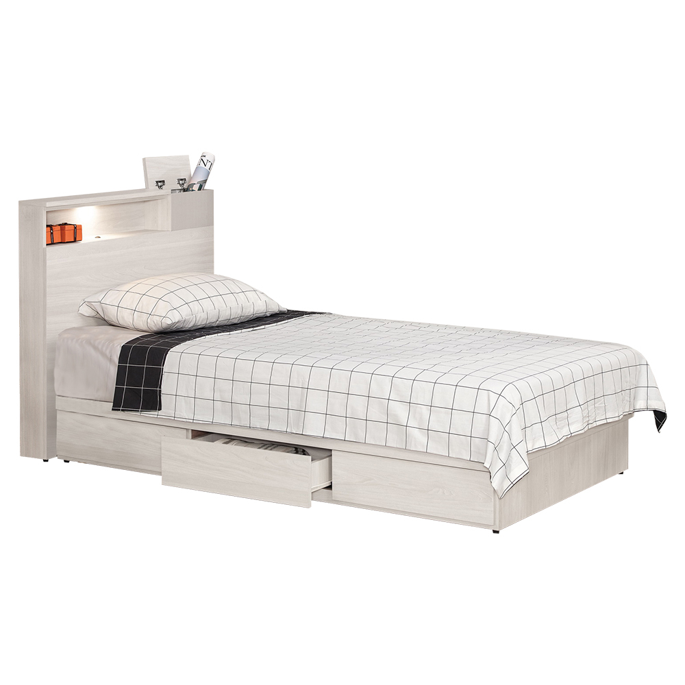 柏倫3.5尺單人收納抽屜床組(附LED燈床頭箱+三抽收納床底-不含床墊)