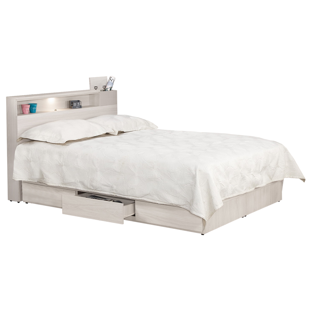 柏倫5尺雙人收納抽屜床組(附LED燈床頭箱+三抽收納床底-不含床墊)