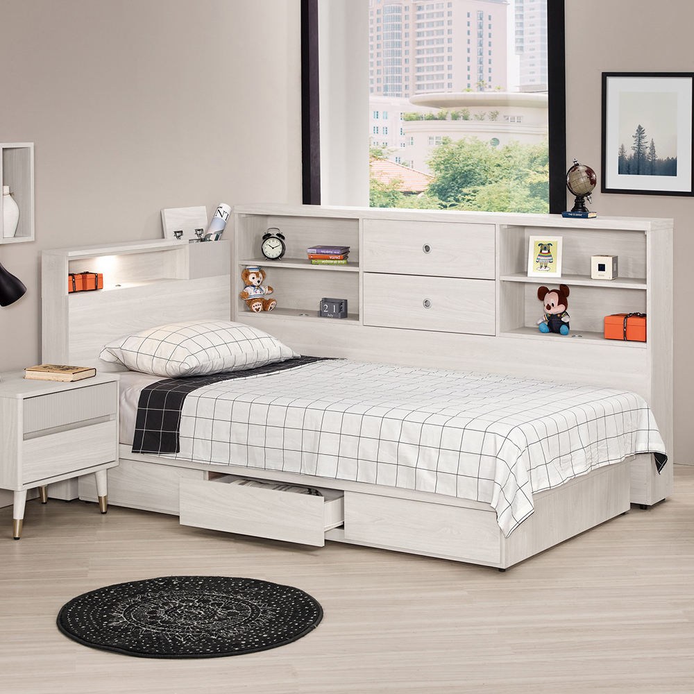 柏倫3.5尺多功能單人床房間組-三件組(附LED燈床頭箱+三抽收納床底+收納床邊櫃-不含床頭櫃及床墊)