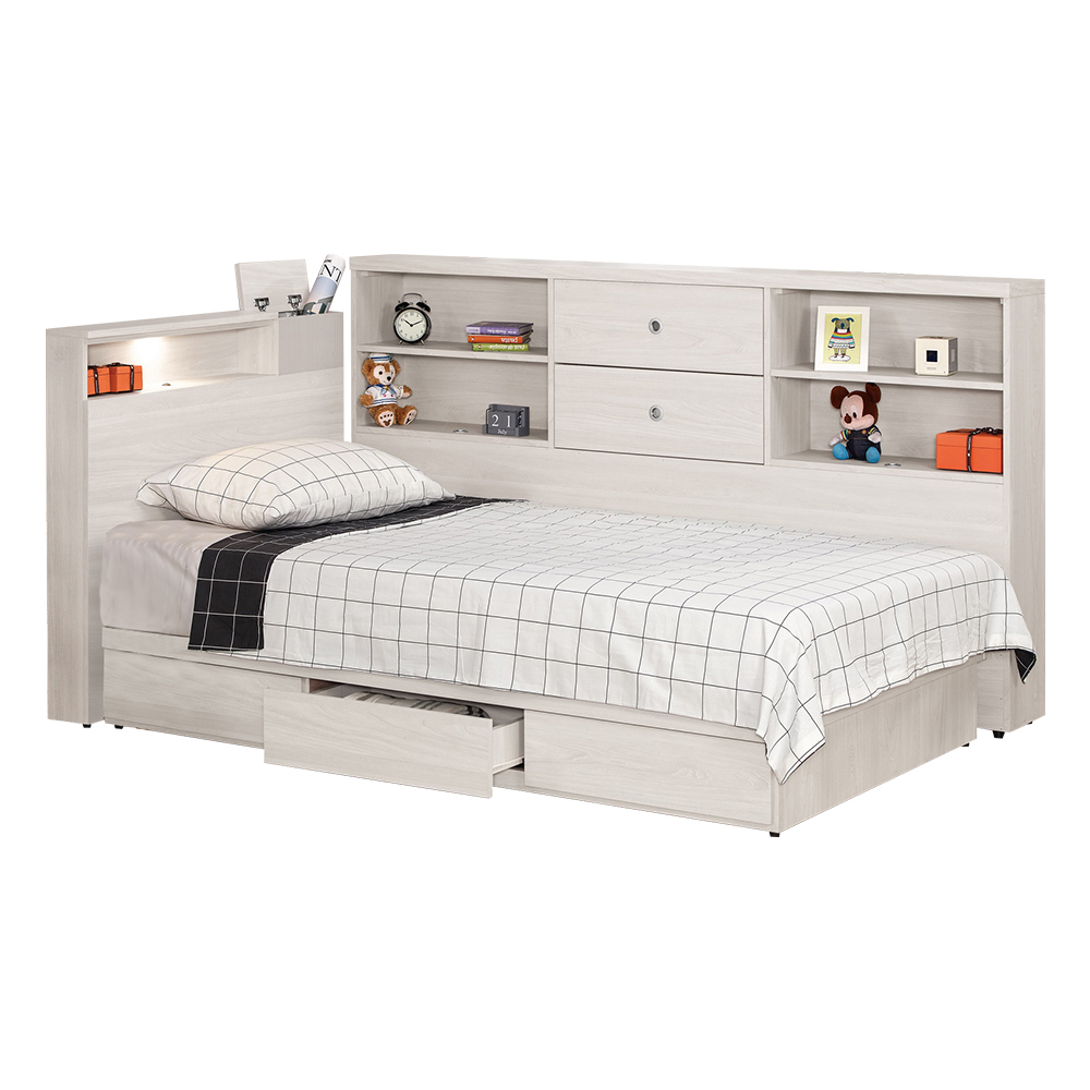 柏倫3.5尺多功能單人床房間組-三件組(附LED燈床頭箱+三抽收納床底+收納床邊櫃-不含床頭櫃及床墊)