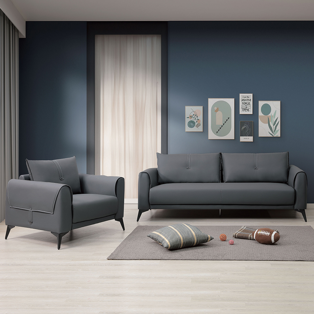 克雷亞灰色皮革沙發組合-二件組(1人+3人)