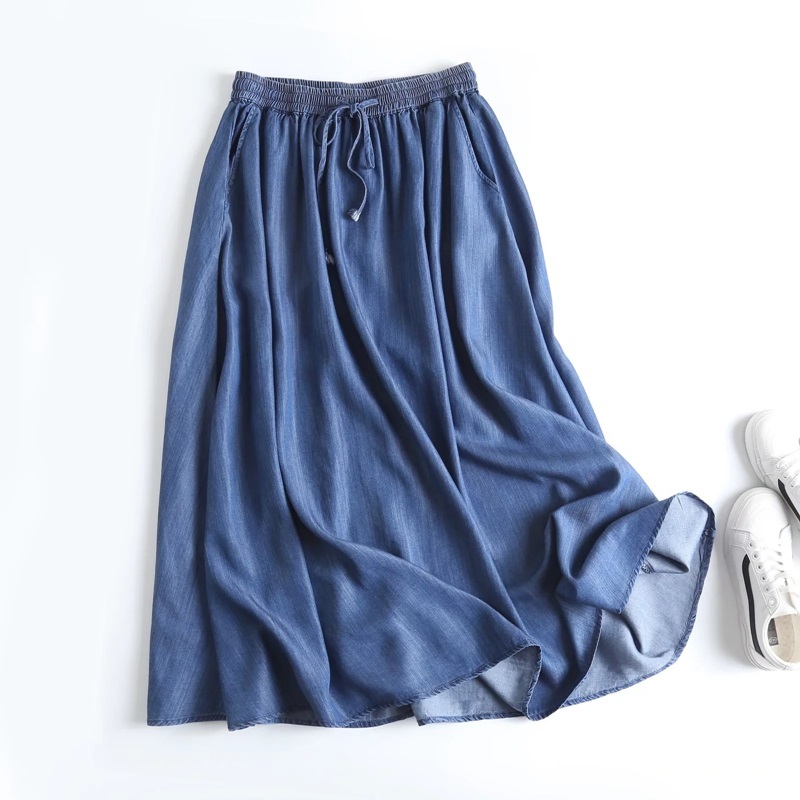 鬆緊腰綁帶天絲牛仔裙 藍色