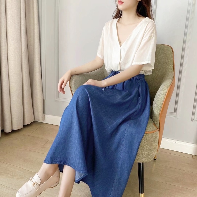 鬆緊腰綁帶天絲牛仔裙 藍色