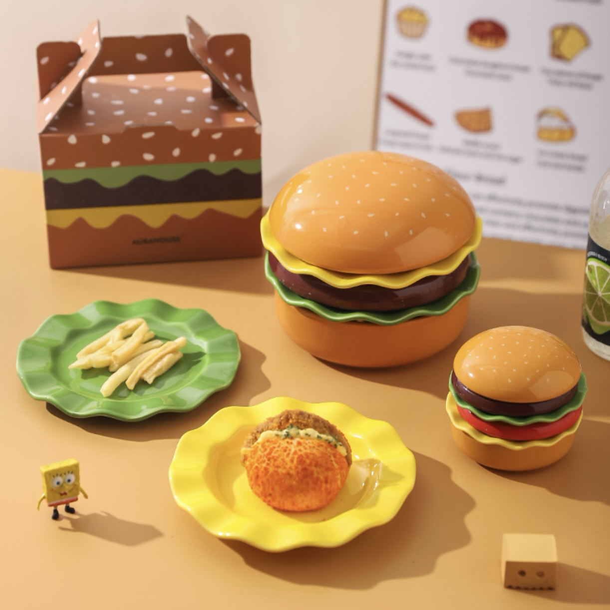 KAWASIMAYA 漢堡造型餐具 餐盤 碗 點心盤子 沙拉盤 湯碗 陶瓷碗 陶瓷盤 碗盤組 五件組