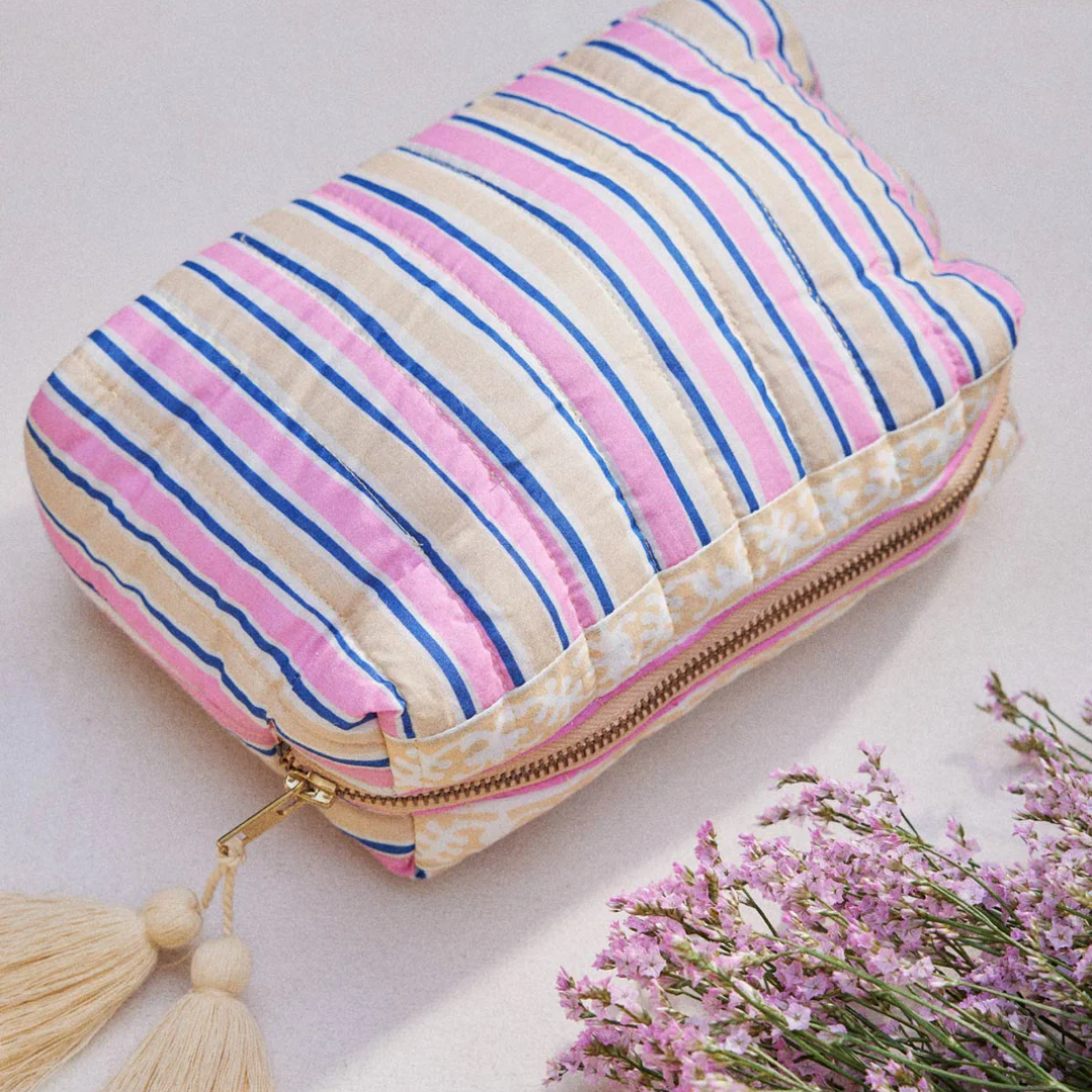 LOUISE MISHA│Pouch Teiki經典流蘇印花收納包．Pink Catania Stripes