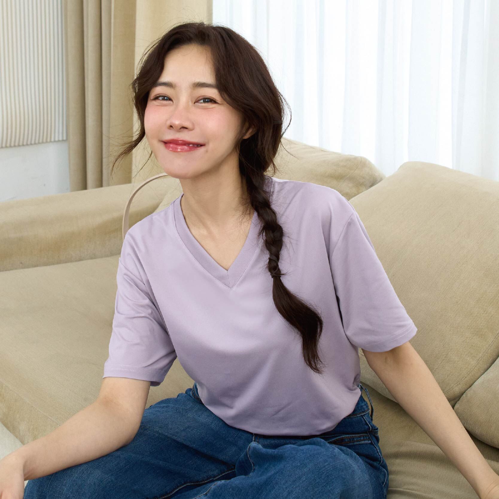 Sorona冰感認證-V領透沁涼感素Ｔ-丁香紫