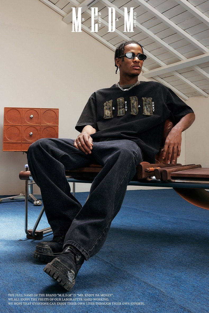 MEDM 撞色領口 水洗貼布 短袖 T