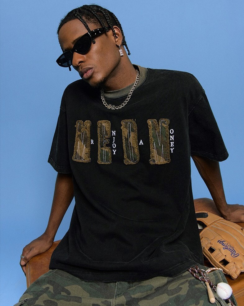 MEDM 撞色領口 水洗貼布 短袖 T