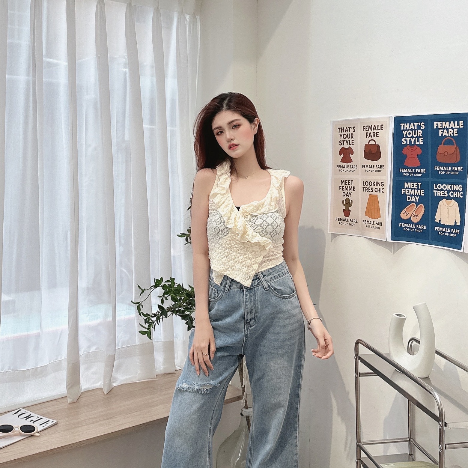 荷葉領泡泡綁腰上衣/單一色