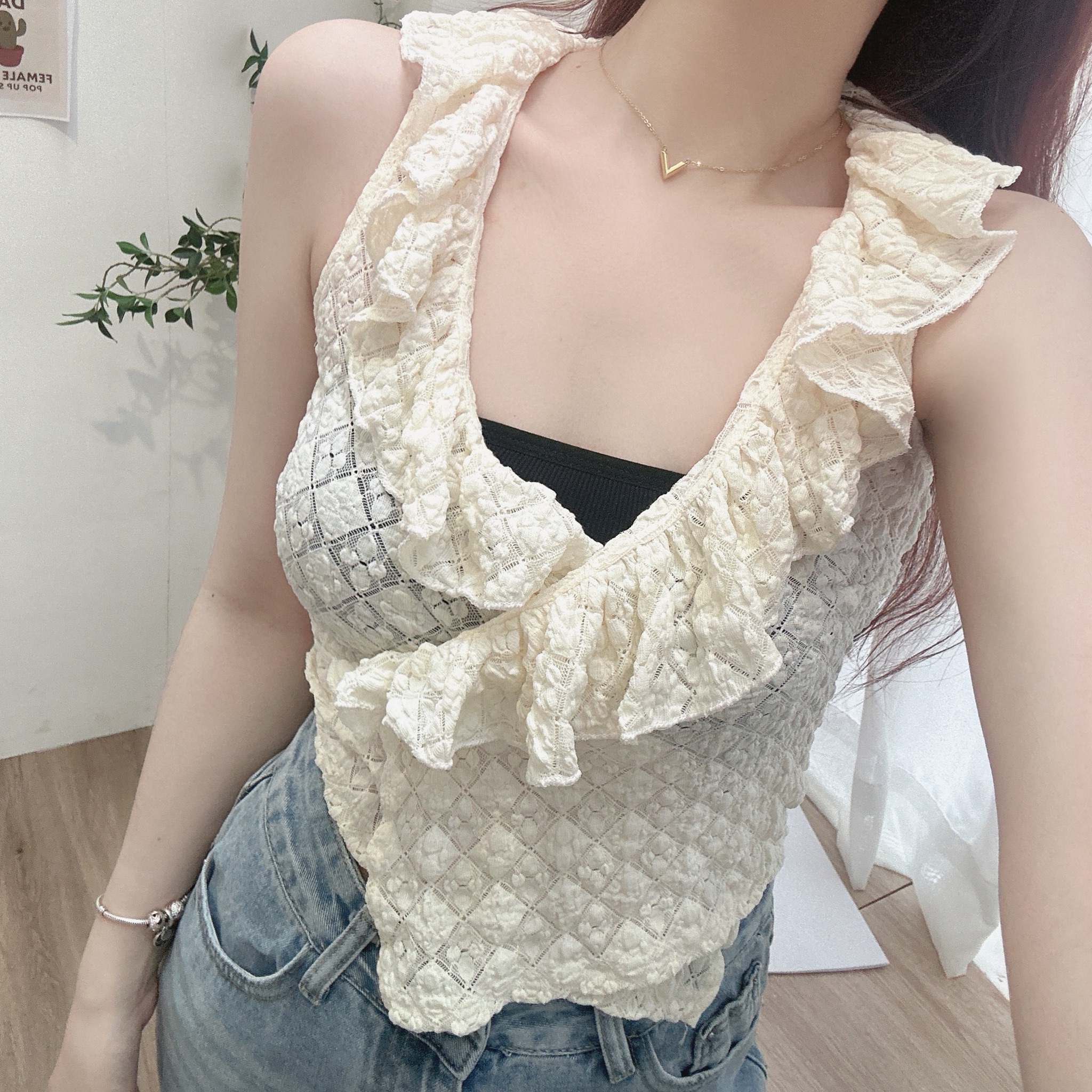 荷葉領泡泡綁腰上衣/單一色