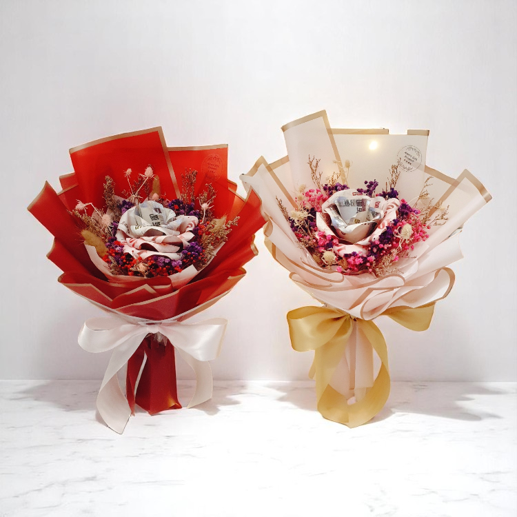 紅色粉色單朵玫瑰千元6張鈔票花束,有錢花束,Red single rose bouquet of 3 and 6 banknotes, money bouquet