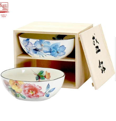 日本美濃燒組盛鉢瓦碗禮盒套裝(虹彩花)16CM (2枚入) (日本製)