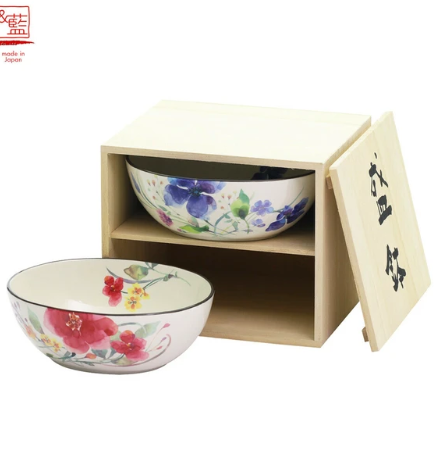 日本美濃燒組盛鉢瓦碗禮盒套裝(花水彩)16CM (2枚入) (日本製)