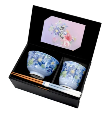 日本美濃燒鐵線蓮色瓦杯瓦碗筷子禮盒套裝 (日本製)