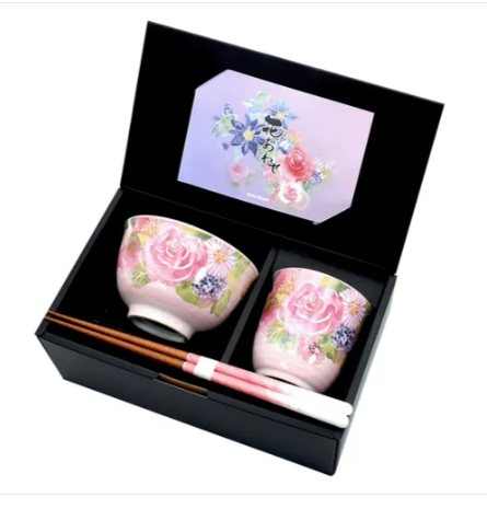 日本美濃燒玫瑰色瓦杯瓦碗筷子禮盒套裝 (日本製)