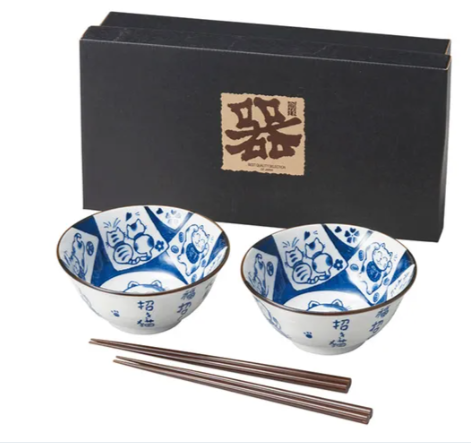 日本美濃燒招福藍貓瓦碗連筷子套裝15CM (日本製)