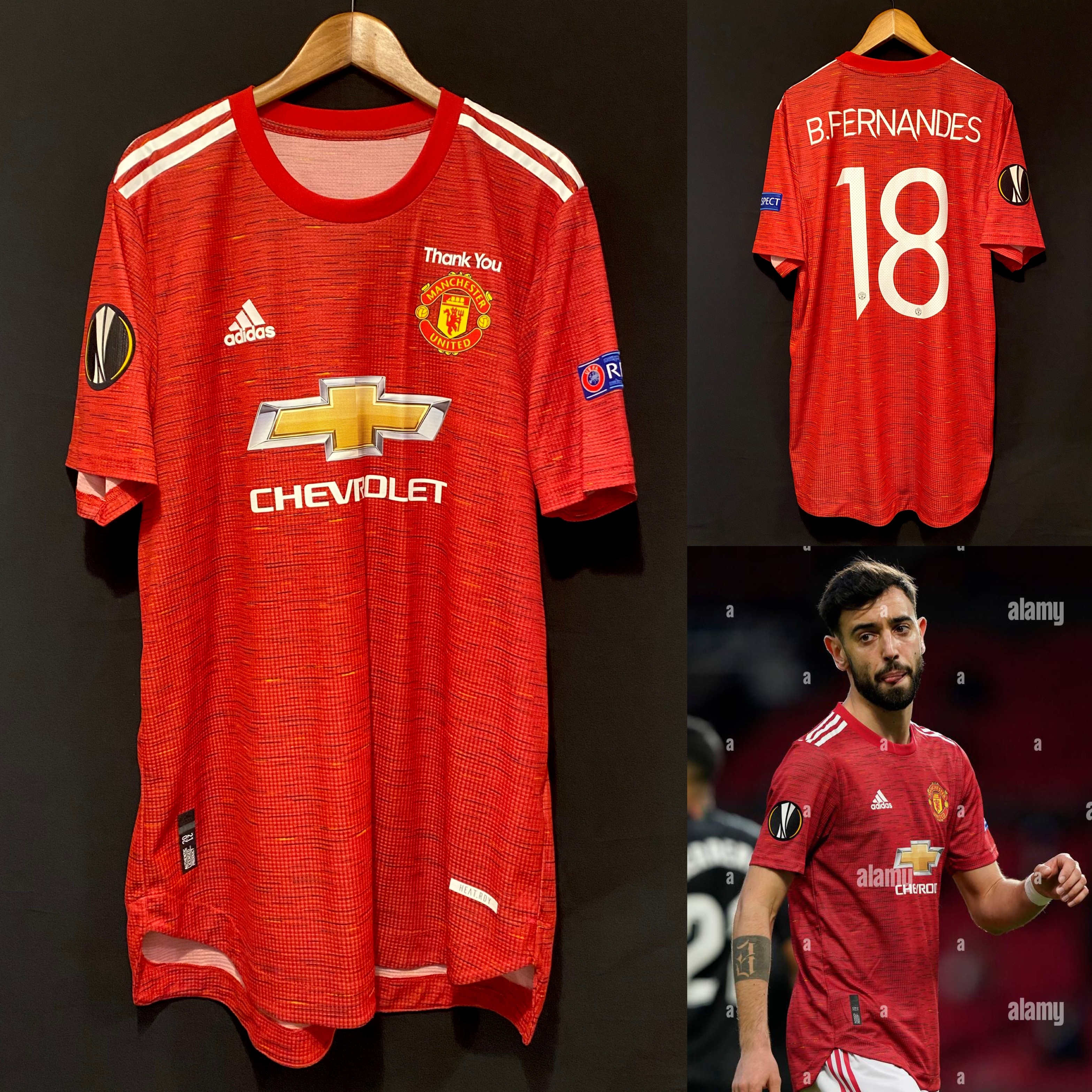 Manchester United 2020-2021 UEFA Europa League Adidas Home Authentic Player Issue Shirt #18 B FERNANDEZ