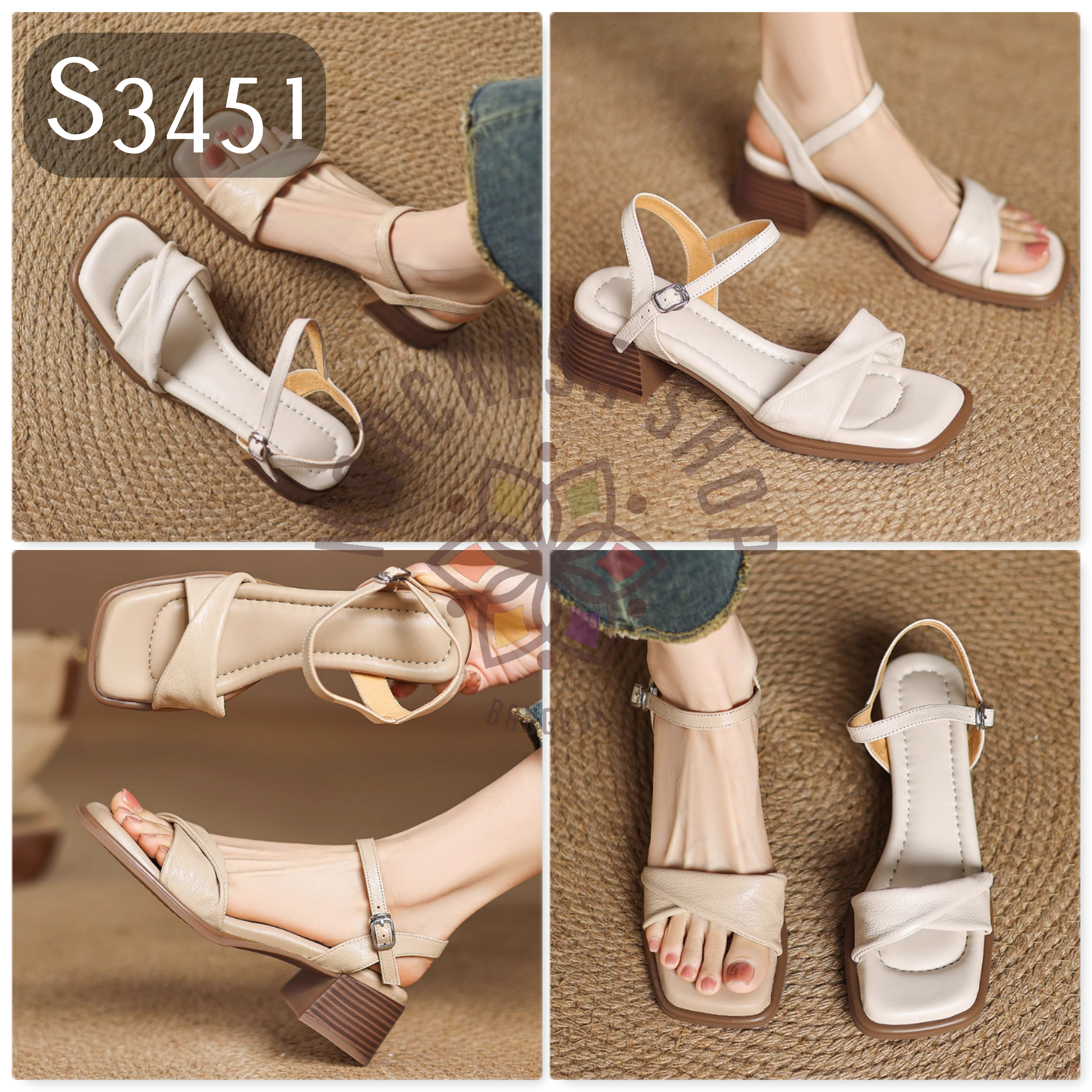 S3451 - 頭層小羊皮扭帶簡約高踭涼鞋