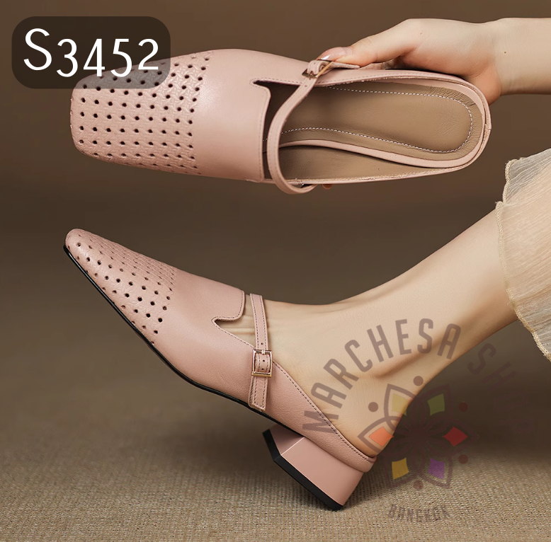 S3452 - 頭層小羊皮透氣孔洞平底涼拖