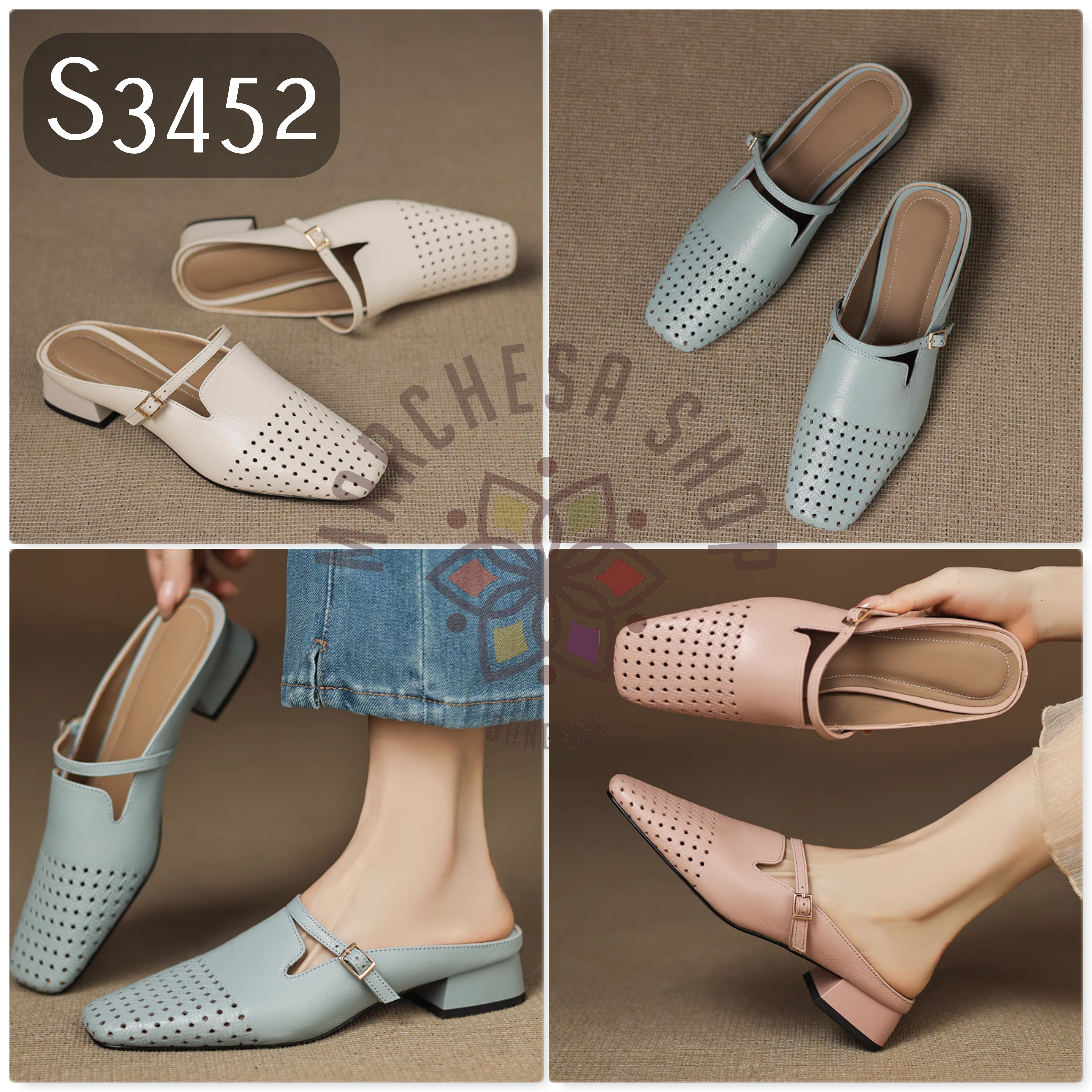 S3452 - 頭層小羊皮透氣孔洞平底涼拖