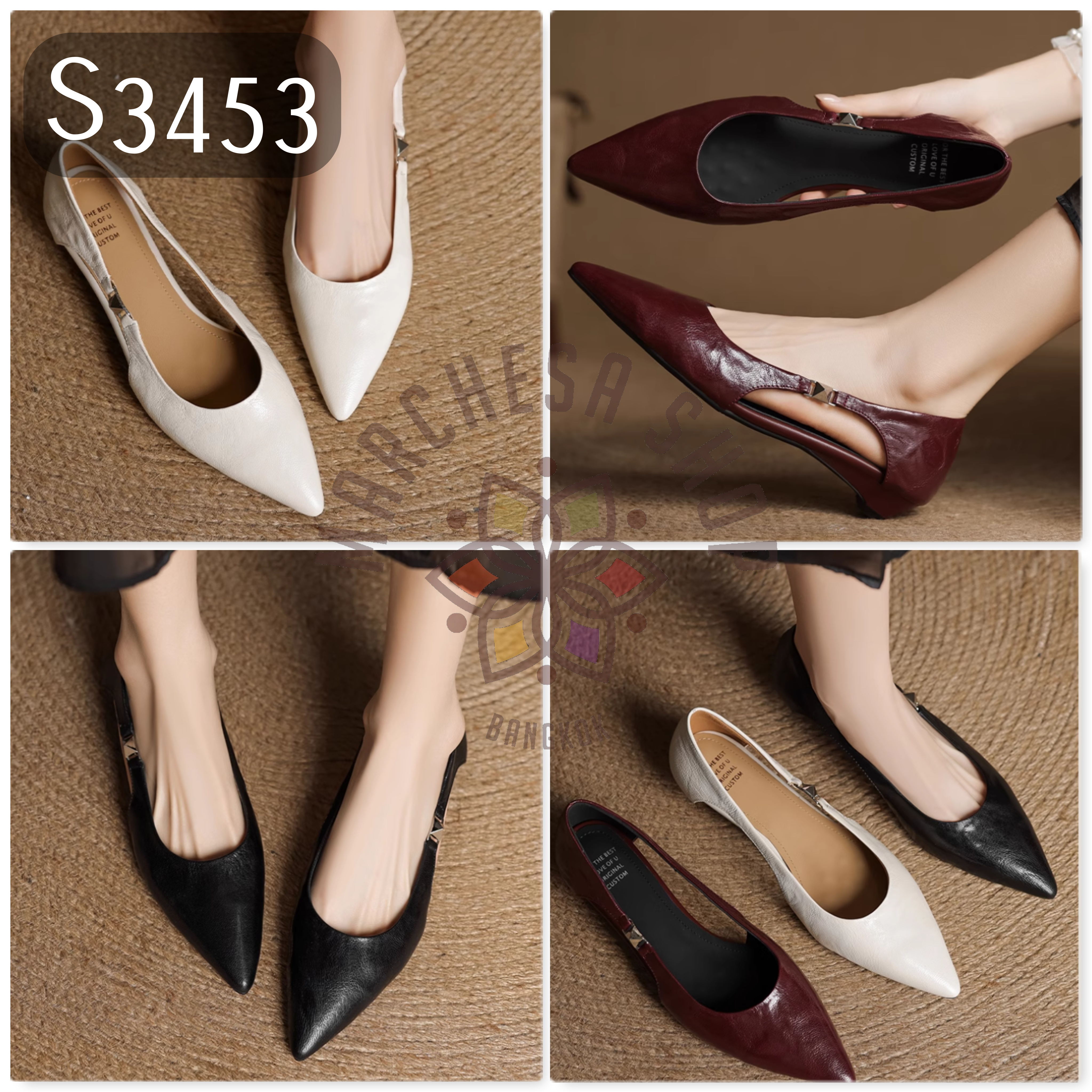 S3453 - 頭層小羊皮透氣鏤空尖頭低踭鞋