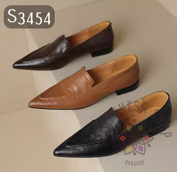 S3454 - 頭層小羊皮車綫尖頭平底鞋